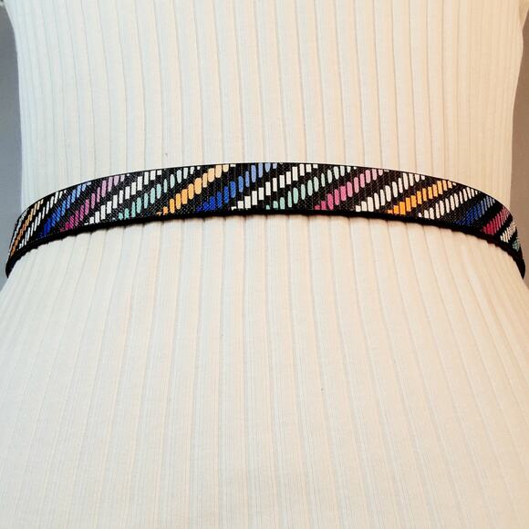 Womens Skinny Small Medium Waist Belt Mulitcolor Faux Leather Diagonal Stripes - Picture 3 of 11